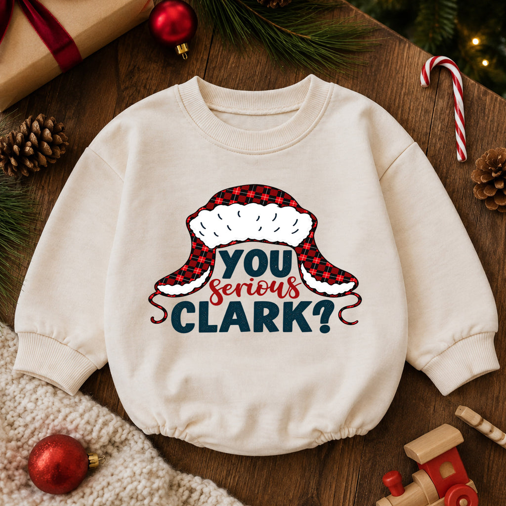 You Serious Clark Christmas Romper, Funny Holiday Quote Romper, Buffalo Plaid Winter Hat Romper, Christmas Baby Outfit Gift — product view 6