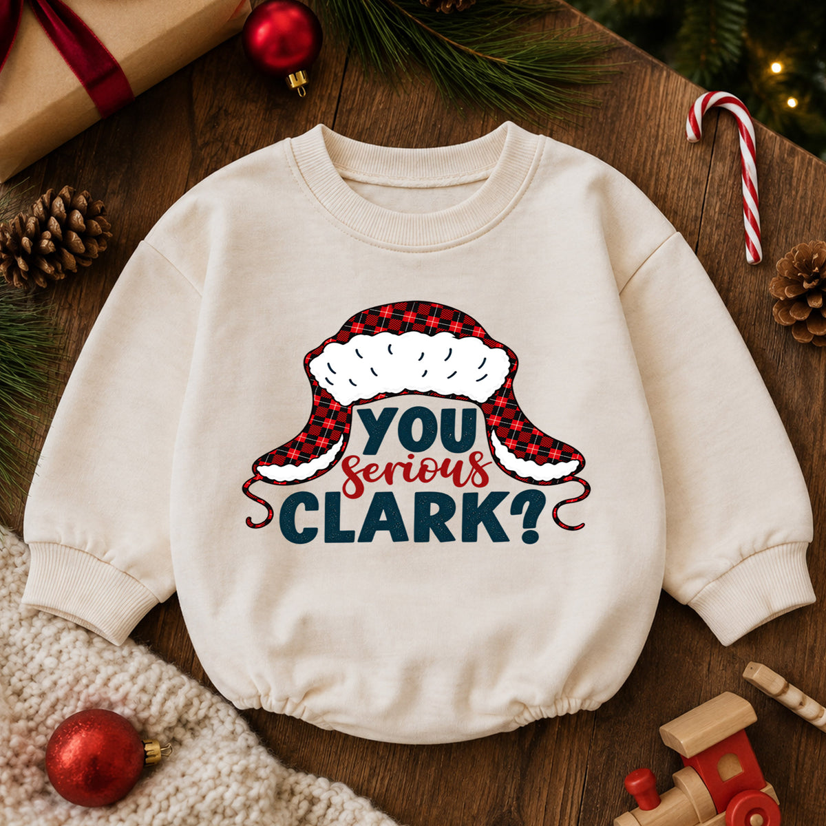 You Serious Clark Christmas Romper, Funny Holiday Quote Romper, Buffalo Plaid Winter Hat Romper, Christmas Baby Outfit Gift — product view 6