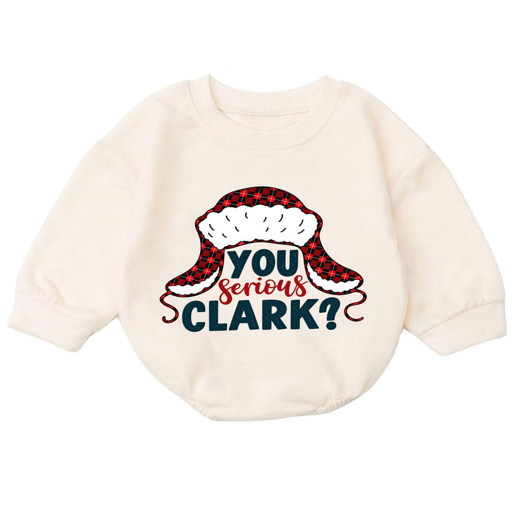 You Serious Clark Christmas Romper, Funny Holiday Quote Romper, Buffalo Plaid Winter Hat Romper, Christmas Baby Outfit Gift — product view 7