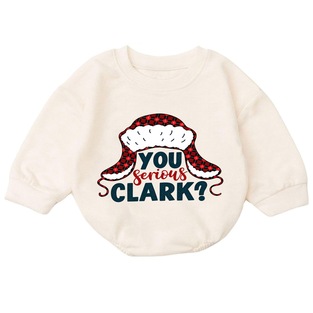 You Serious Clark Christmas Romper, Funny Holiday Quote Romper, Buffalo Plaid Winter Hat Romper, Christmas Baby Outfit Gift — product view 7