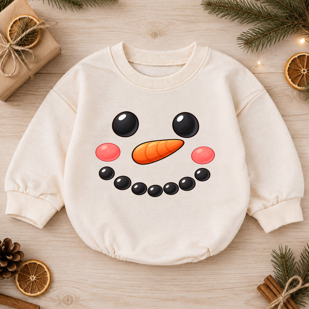 Snowman Face Christmas Romper, Cute Snowman Toddler Romper, Baby Winter Holiday Romper, Baby Christmas Outfit, Snow Day Gift — product view 1
