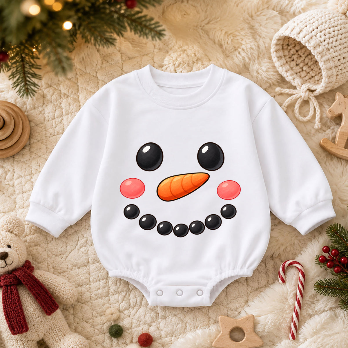 Snowman Face Christmas Romper, Cute Snowman Toddler Romper, Baby Winter Holiday Romper, Baby Christmas Outfit, Snow Day Gift — product view 3