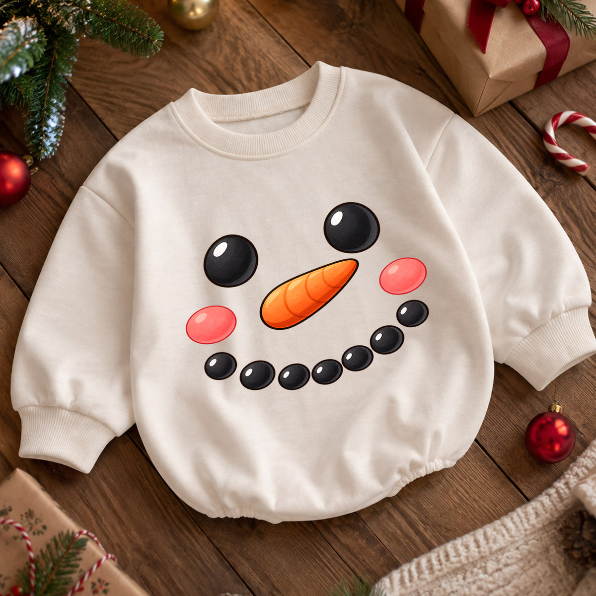 Snowman Face Christmas Romper, Cute Snowman Toddler Romper, Baby Winter Holiday Romper, Baby Christmas Outfit, Snow Day Gift — product view 5