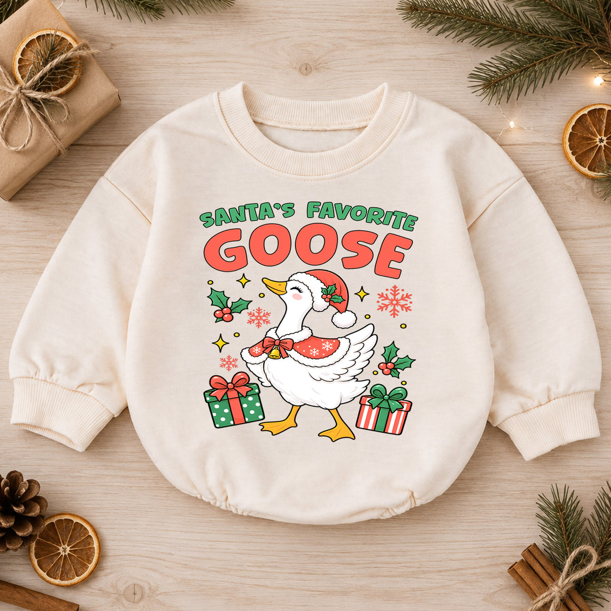 Santa's Favorite Goose Christmas Romper, Funny Goose Baby Holiday Romper, Toddler Christmas Outfit, Cute Xmas Gift for Little Baby — product view 1