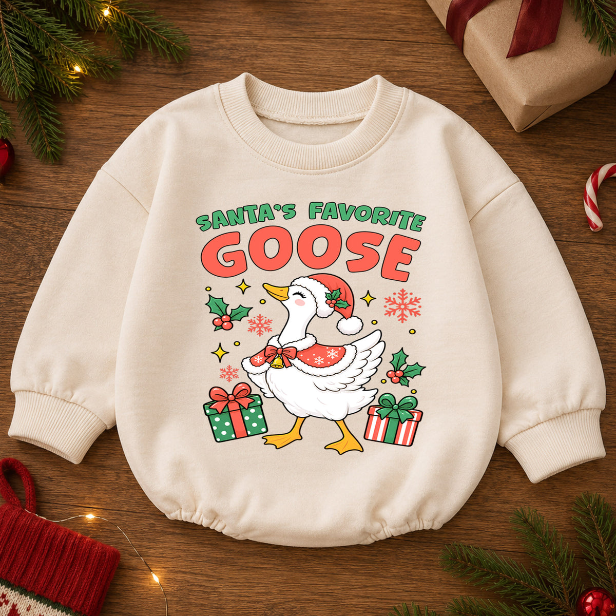 Santa's Favorite Goose Christmas Romper, Funny Goose Baby Holiday Romper, Toddler Christmas Outfit, Cute Xmas Gift for Little Baby — product view 2