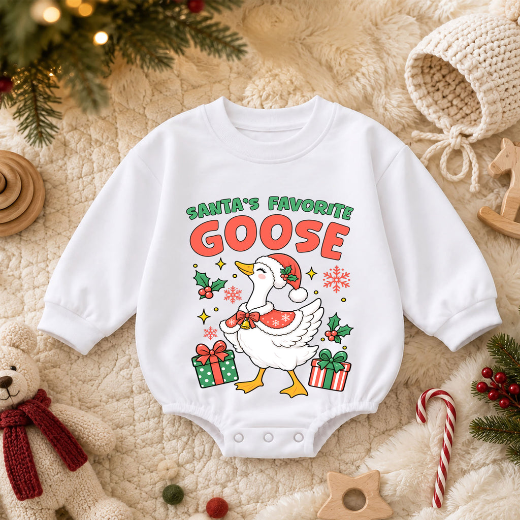 Santa's Favorite Goose Christmas Romper, Funny Goose Baby Holiday Romper, Toddler Christmas Outfit, Cute Xmas Gift for Little Baby — product view 3