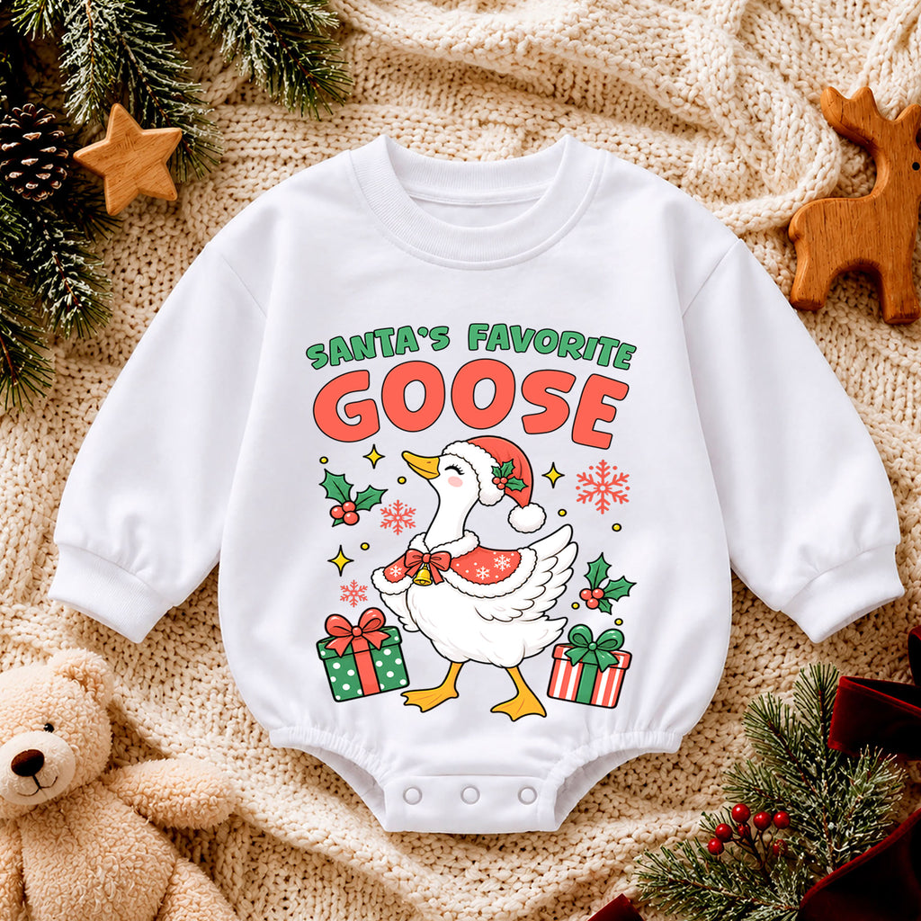 Santa's Favorite Goose Christmas Romper, Funny Goose Baby Holiday Romper, Toddler Christmas Outfit, Cute Xmas Gift for Little Baby — product view 4