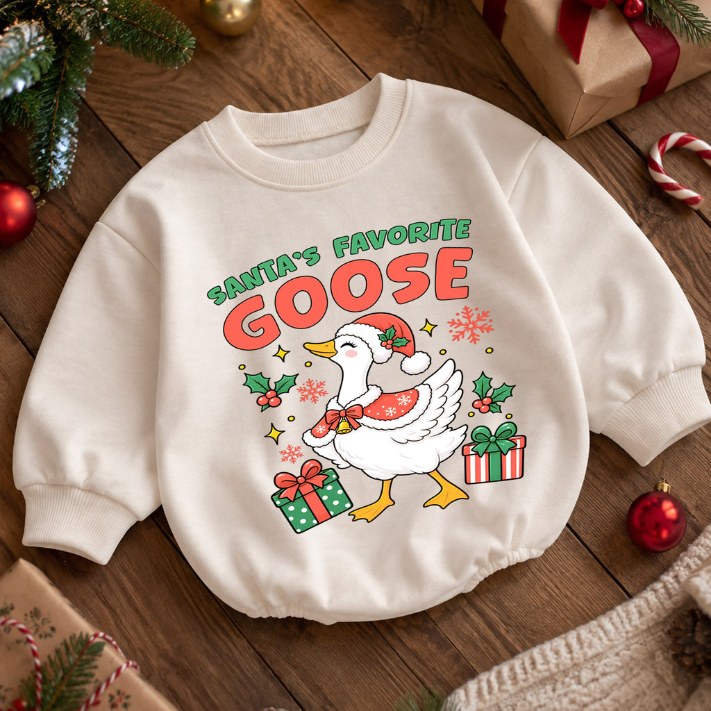 Santa's Favorite Goose Christmas Romper, Funny Goose Baby Holiday Romper, Toddler Christmas Outfit, Cute Xmas Gift for Little Baby — product view 5