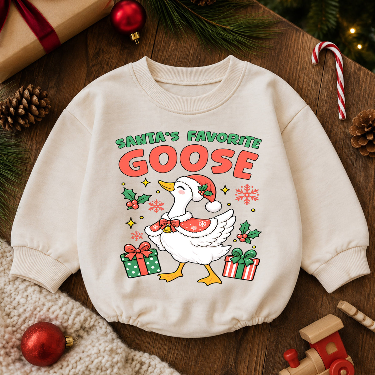 Santa's Favorite Goose Christmas Romper, Funny Goose Baby Holiday Romper, Toddler Christmas Outfit, Cute Xmas Gift for Little Baby — product view 6