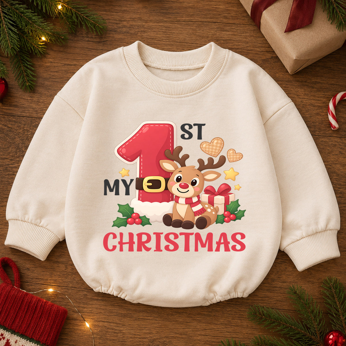 Reindeer My 1st Christmas Baby Romper, Cute Number One Holiday Outfit, Christmas Keepsake for Baby, Winter 1st Birthday Gift — product view 2