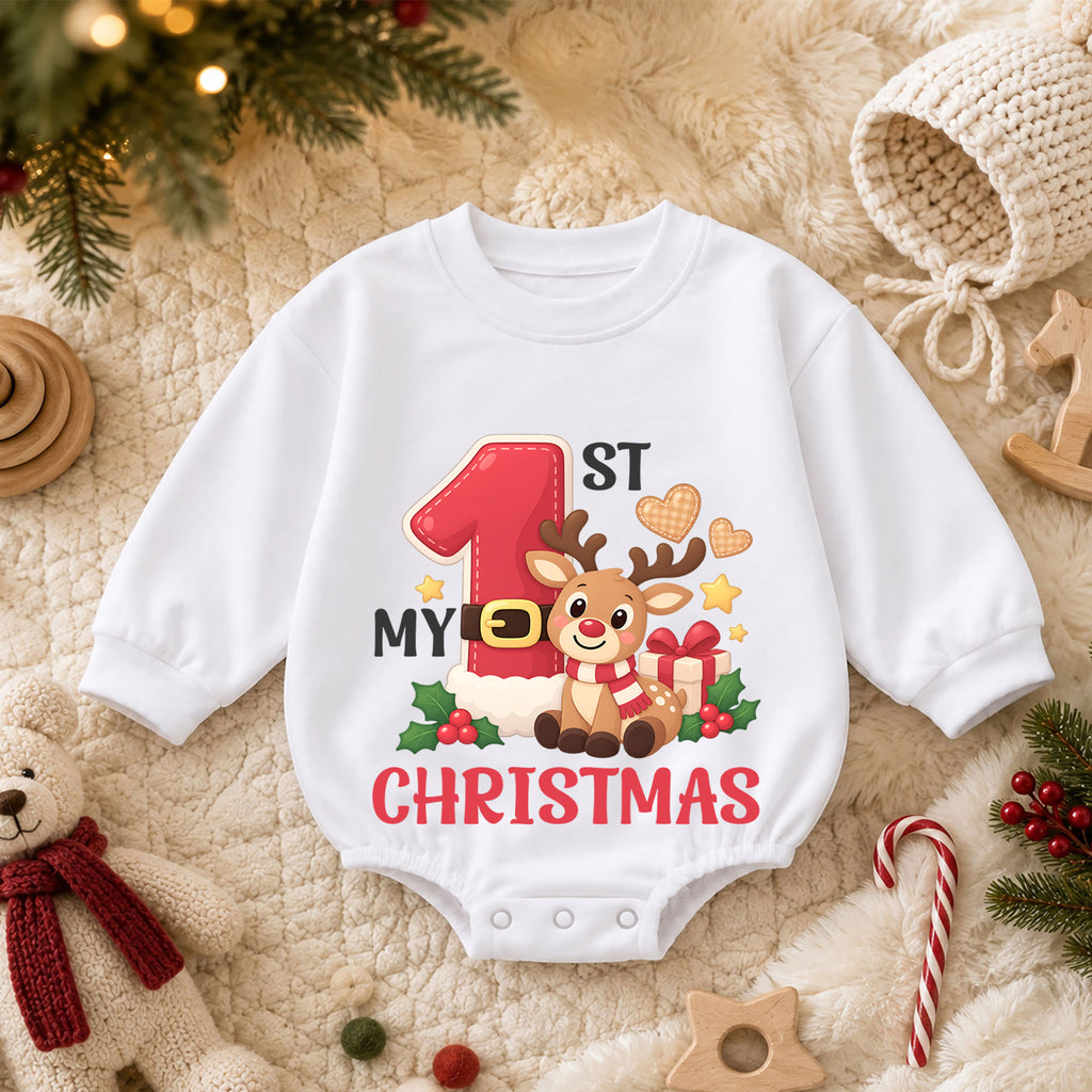 Reindeer My 1st Christmas Baby Romper, Cute Number One Holiday Outfit, Christmas Keepsake for Baby, Winter 1st Birthday Gift — product view 3