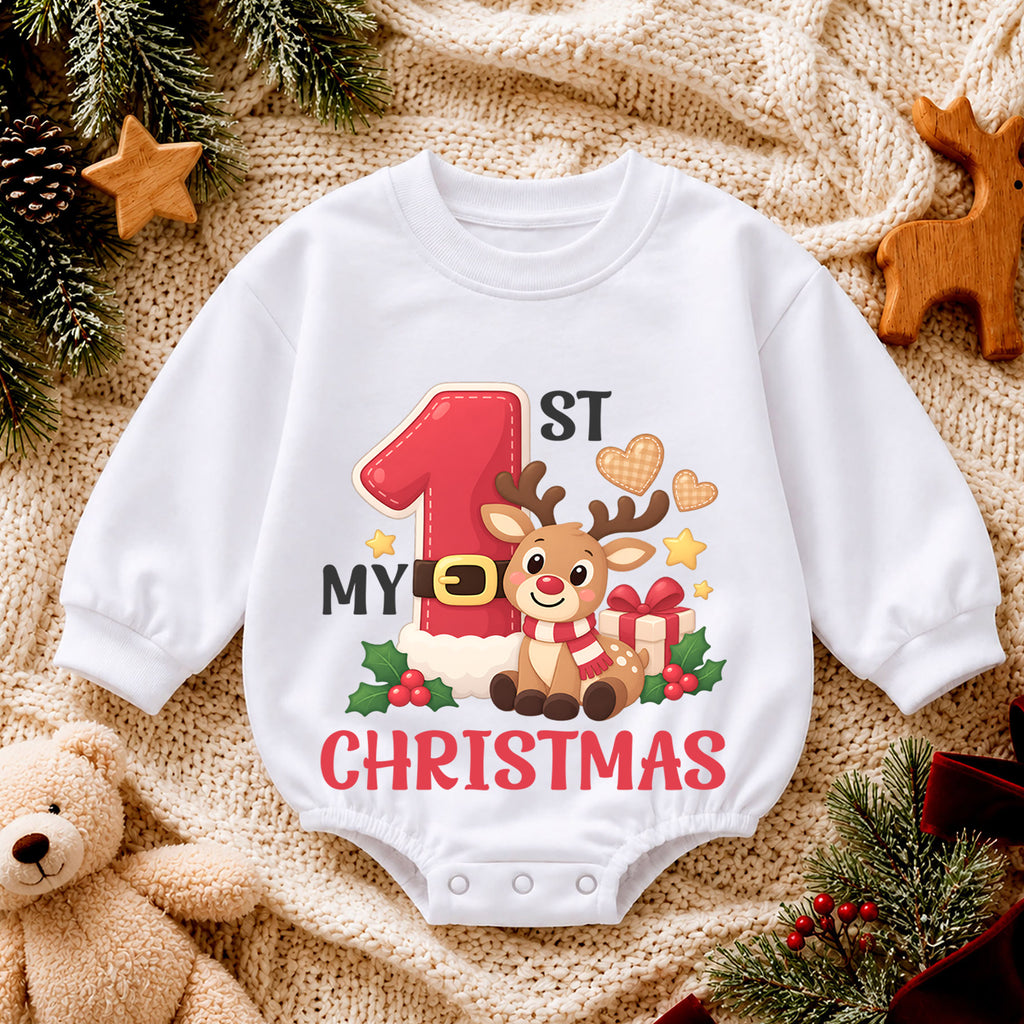 Reindeer My 1st Christmas Baby Romper, Cute Number One Holiday Outfit, Christmas Keepsake for Baby, Winter 1st Birthday Gift — product view 4