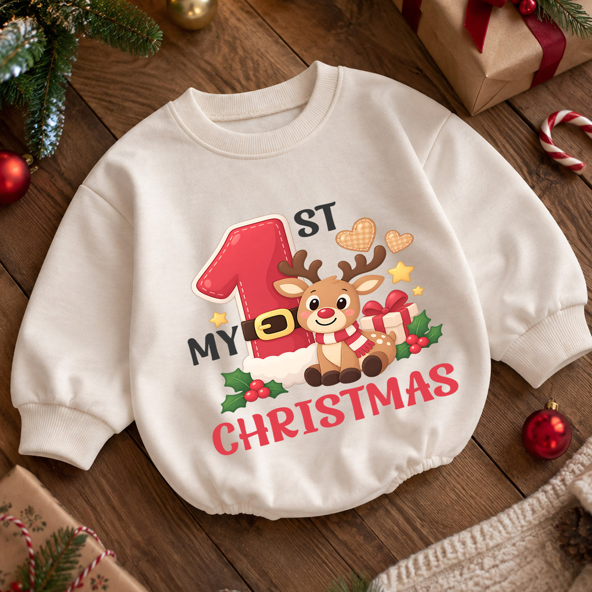 Reindeer My 1st Christmas Baby Romper, Cute Number One Holiday Outfit, Christmas Keepsake for Baby, Winter 1st Birthday Gift — product view 5