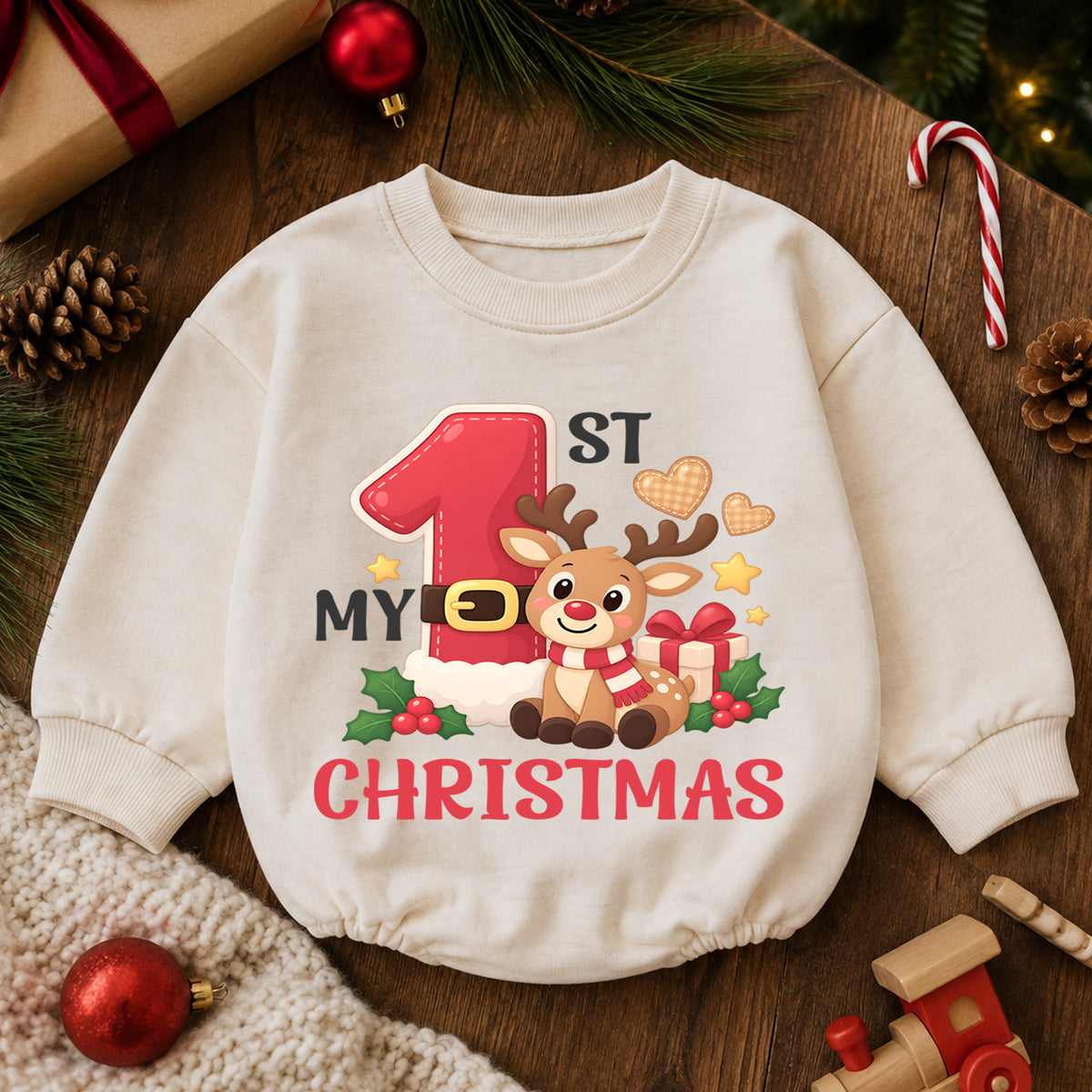 Reindeer My 1st Christmas Baby Romper, Cute Number One Holiday Outfit, Christmas Keepsake for Baby, Winter 1st Birthday Gift — product view 6