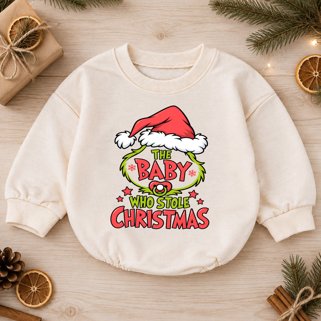 Baby Who Stole Christmas Romper, Funny Baby Holiday Romper, Toddler Christmas Outfit, Cute Baby Xmas Romper, Holiday Gift for Baby — product view 1