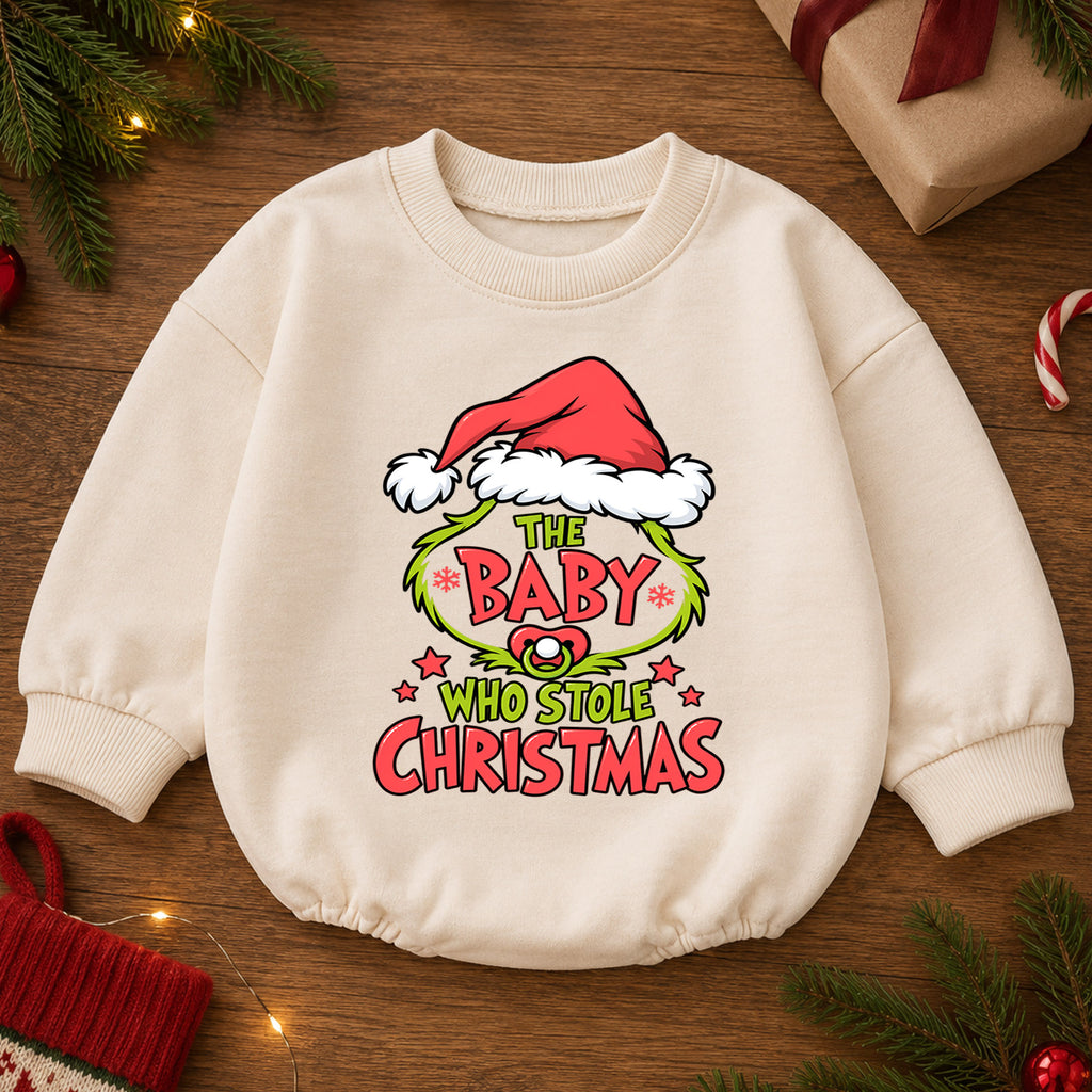 Baby Who Stole Christmas Romper, Funny Baby Holiday Romper, Toddler Christmas Outfit, Cute Baby Xmas Romper, Holiday Gift for Baby — product view 2