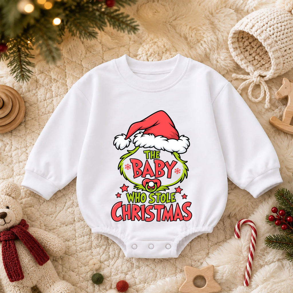Baby Who Stole Christmas Romper, Funny Baby Holiday Romper, Toddler Christmas Outfit, Cute Baby Xmas Romper, Holiday Gift for Baby — product view 3