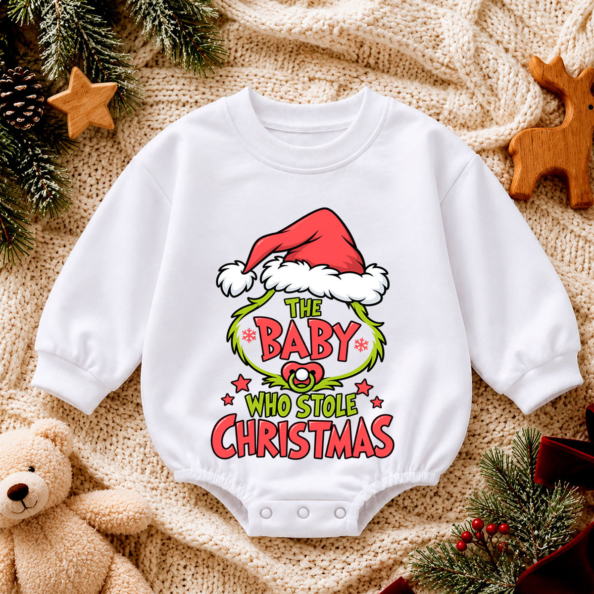 Baby Who Stole Christmas Romper, Funny Baby Holiday Romper, Toddler Christmas Outfit, Cute Baby Xmas Romper, Holiday Gift for Baby — product view 4