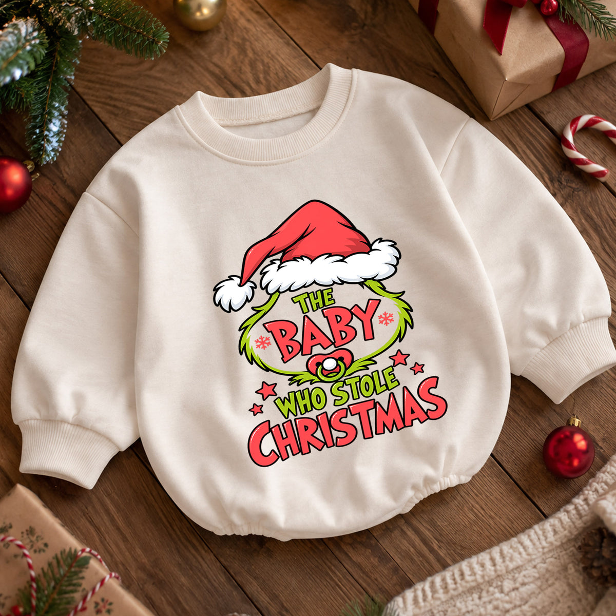Baby Who Stole Christmas Romper, Funny Baby Holiday Romper, Toddler Christmas Outfit, Cute Baby Xmas Romper, Holiday Gift for Baby — product view 5