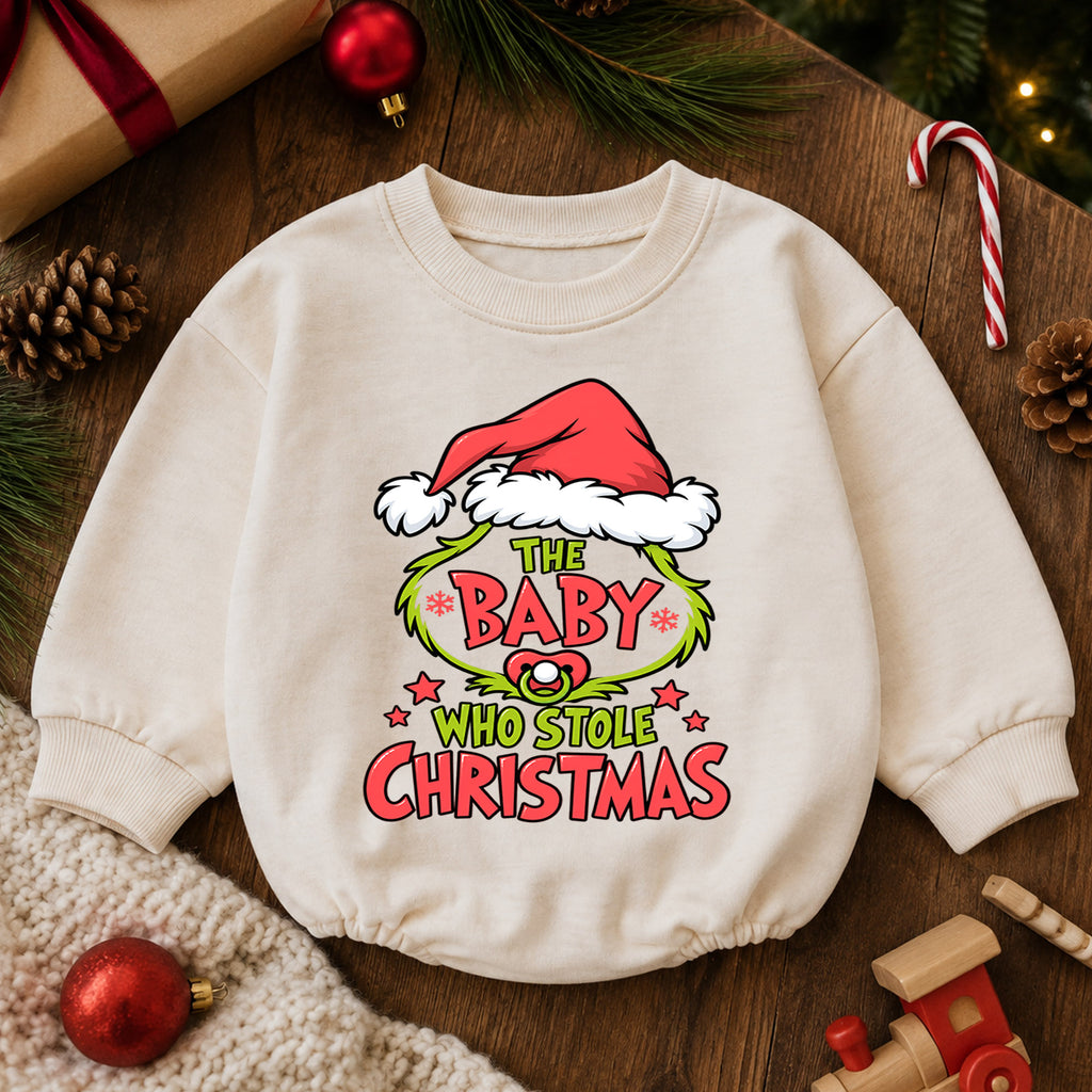 Baby Who Stole Christmas Romper, Funny Baby Holiday Romper, Toddler Christmas Outfit, Cute Baby Xmas Romper, Holiday Gift for Baby — product view 6