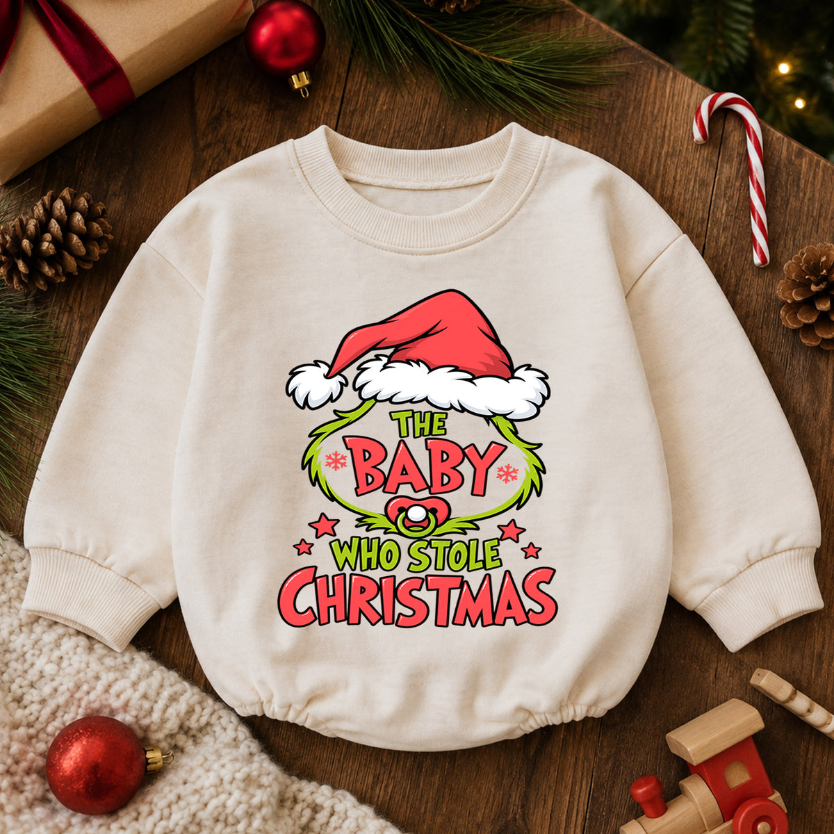 Baby Who Stole Christmas Romper, Funny Baby Holiday Romper, Toddler Christmas Outfit, Cute Baby Xmas Romper, Holiday Gift for Baby — product view 6