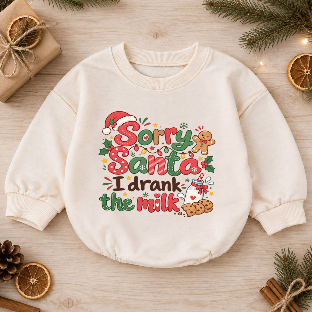 Sorry Santa I Drank the Milk Romper, Funny Baby 1st Christmas Outfit, Milk and Cookies Holiday Romper, 1st Birthday Xmas Gift — product view 1