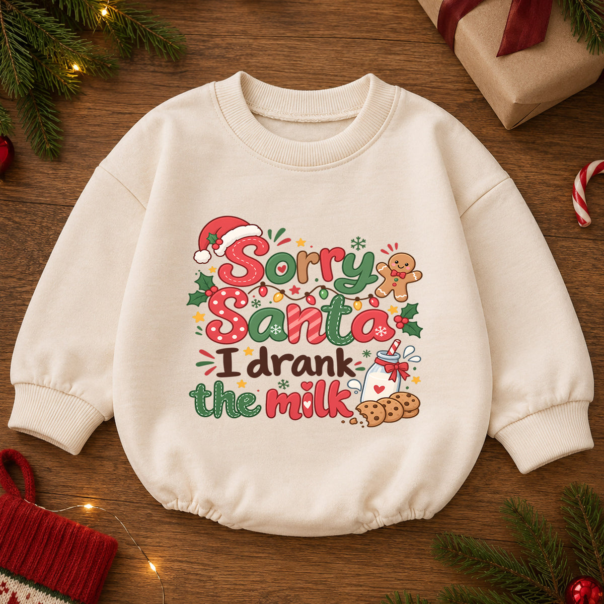 Sorry Santa I Drank the Milk Romper, Funny Baby 1st Christmas Outfit, Milk and Cookies Holiday Romper, 1st Birthday Xmas Gift — product view 2