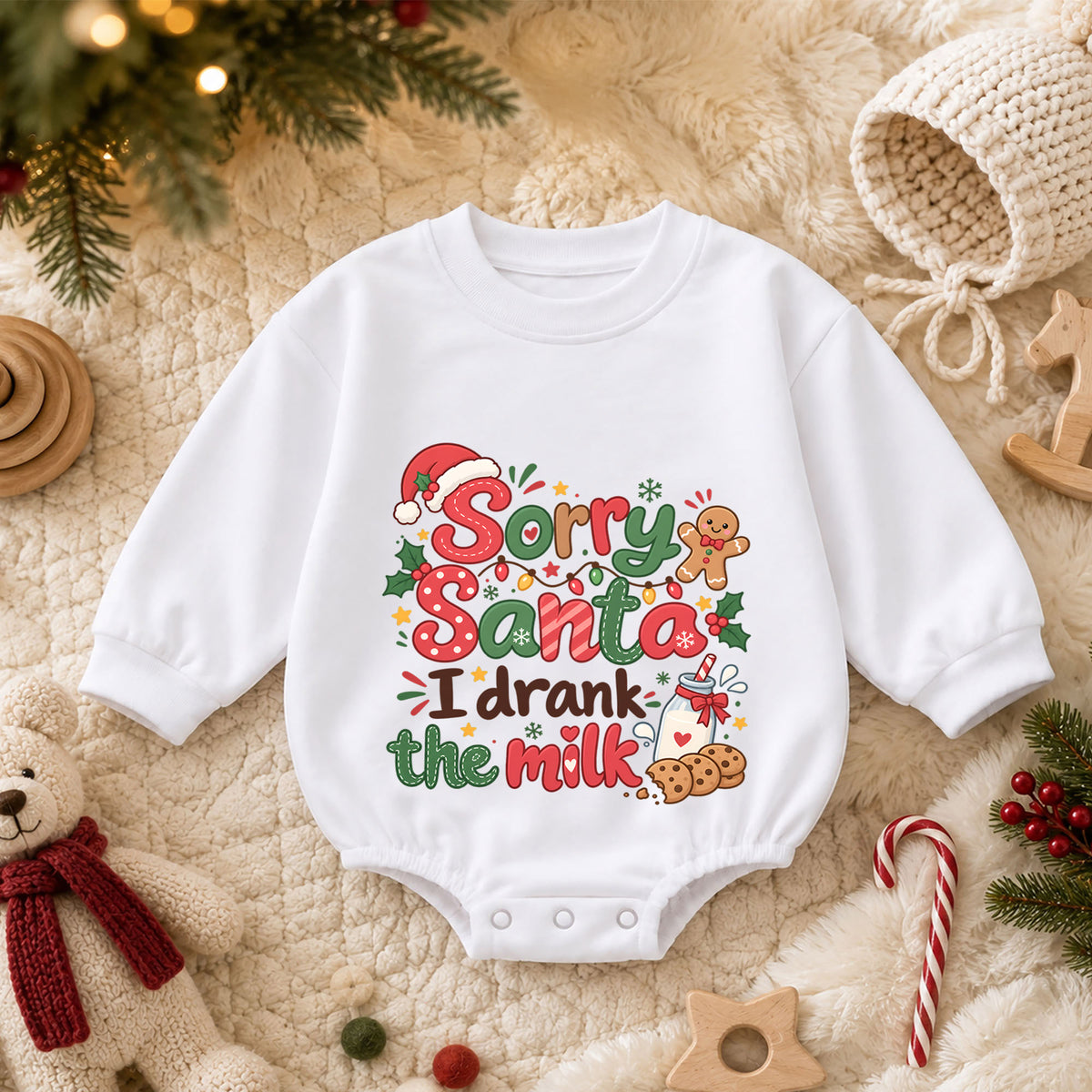 Sorry Santa I Drank the Milk Romper, Funny Baby 1st Christmas Outfit, Milk and Cookies Holiday Romper, 1st Birthday Xmas Gift — product view 3