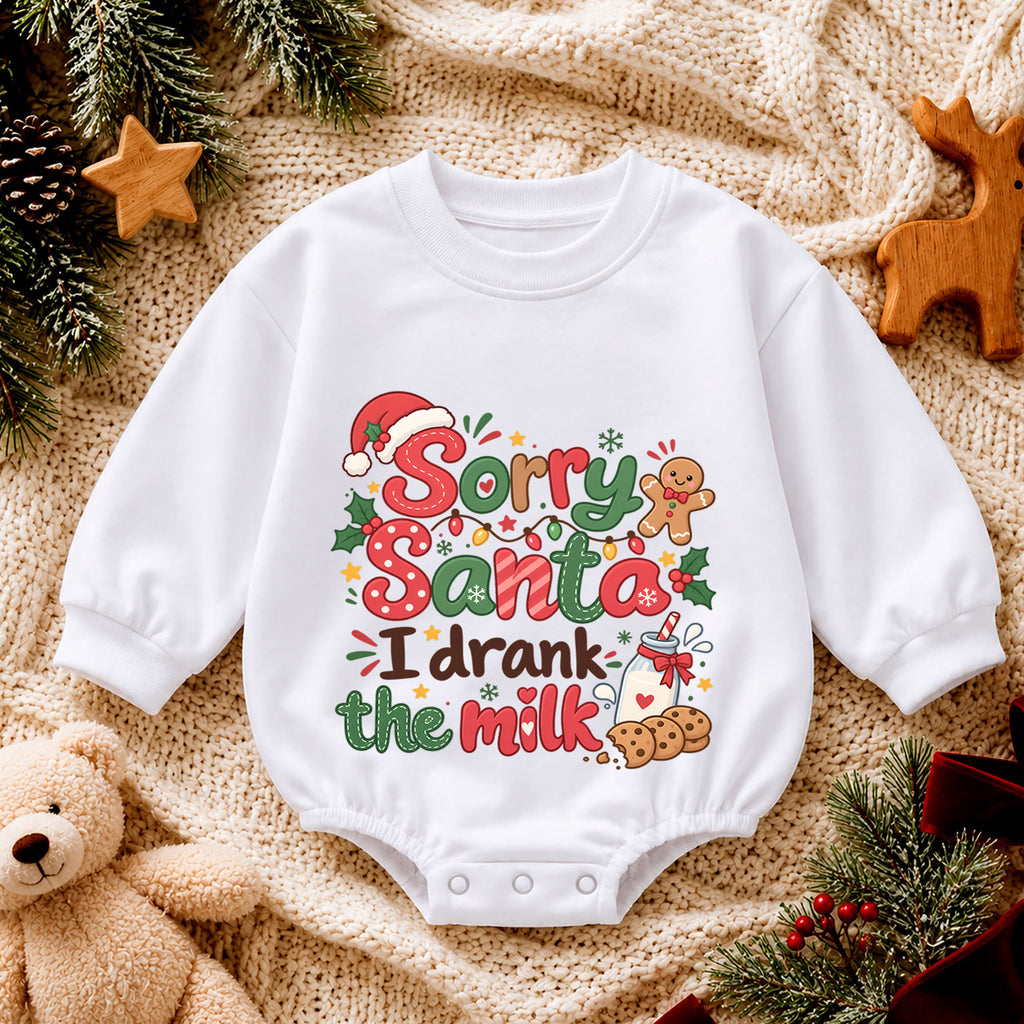 Sorry Santa I Drank the Milk Romper, Funny Baby 1st Christmas Outfit, Milk and Cookies Holiday Romper, 1st Birthday Xmas Gift — product view 4