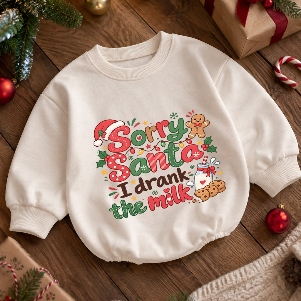 Sorry Santa I Drank the Milk Romper, Funny Baby 1st Christmas Outfit, Milk and Cookies Holiday Romper, 1st Birthday Xmas Gift — product view 5
