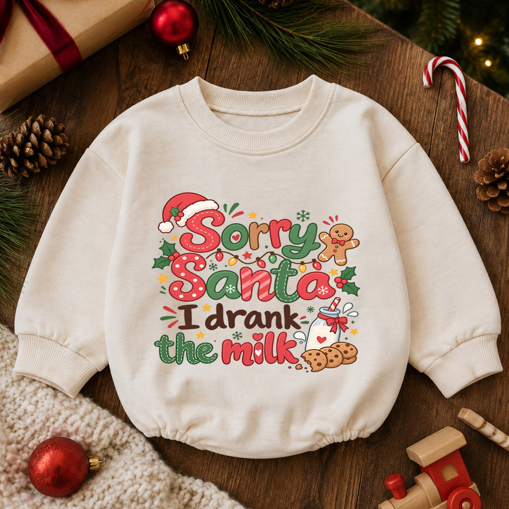 Sorry Santa I Drank the Milk Romper, Funny Baby 1st Christmas Outfit, Milk and Cookies Holiday Romper, 1st Birthday Xmas Gift — product view 6