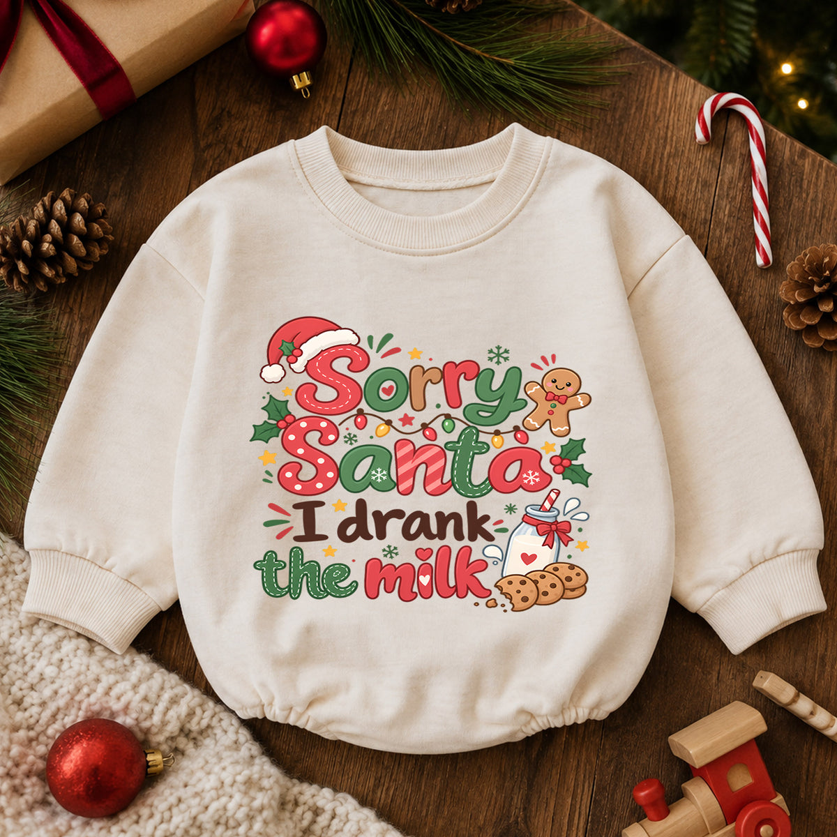Sorry Santa I Drank the Milk Romper, Funny Baby 1st Christmas Outfit, Milk and Cookies Holiday Romper, 1st Birthday Xmas Gift — product view 6