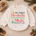 My First Christmas Romper, Santa Naughty List Baby Romper, Funny 1st Christmas Outfit, Toddler Holiday Romper, Baby Xmas Gift — product view 1