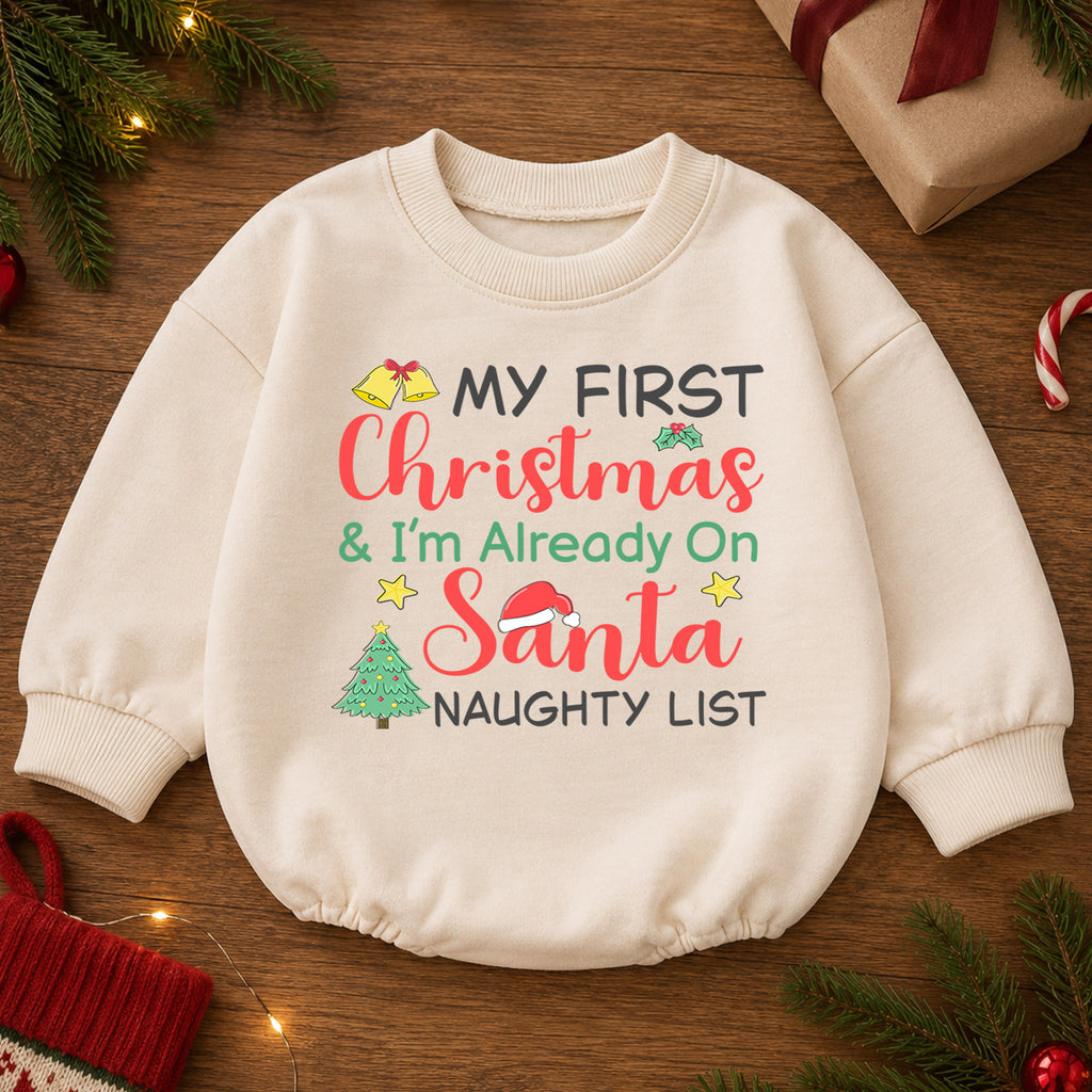 My First Christmas Romper, Santa Naughty List Baby Romper, Funny 1st Christmas Outfit, Toddler Holiday Romper, Baby Xmas Gift — product view 2