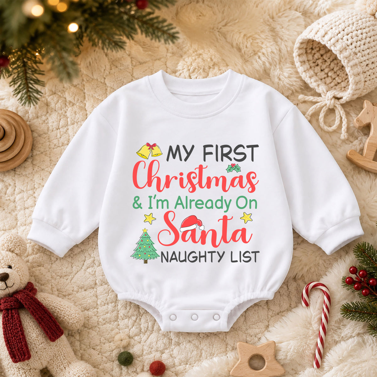 My First Christmas Romper, Santa Naughty List Baby Romper, Funny 1st Christmas Outfit, Toddler Holiday Romper, Baby Xmas Gift — product view 3