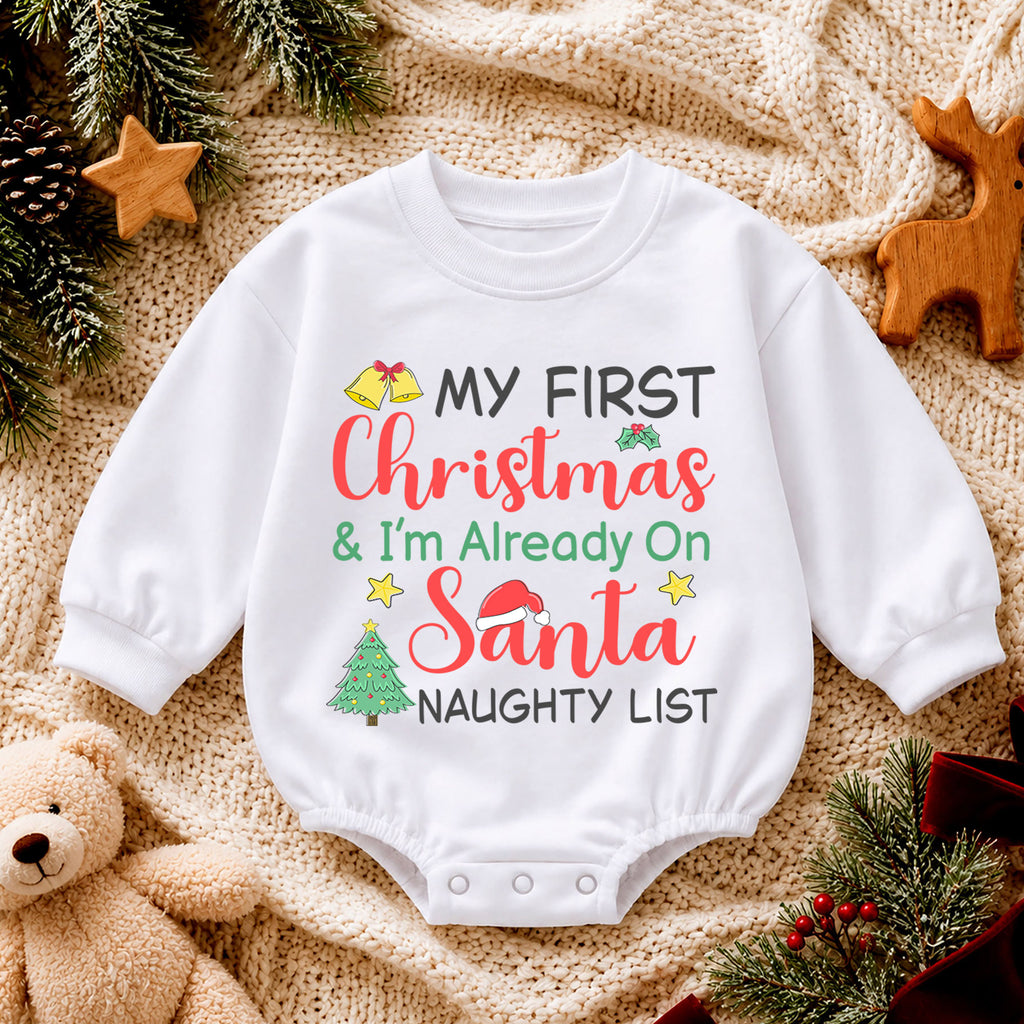 My First Christmas Romper, Santa Naughty List Baby Romper, Funny 1st Christmas Outfit, Toddler Holiday Romper, Baby Xmas Gift — product view 4