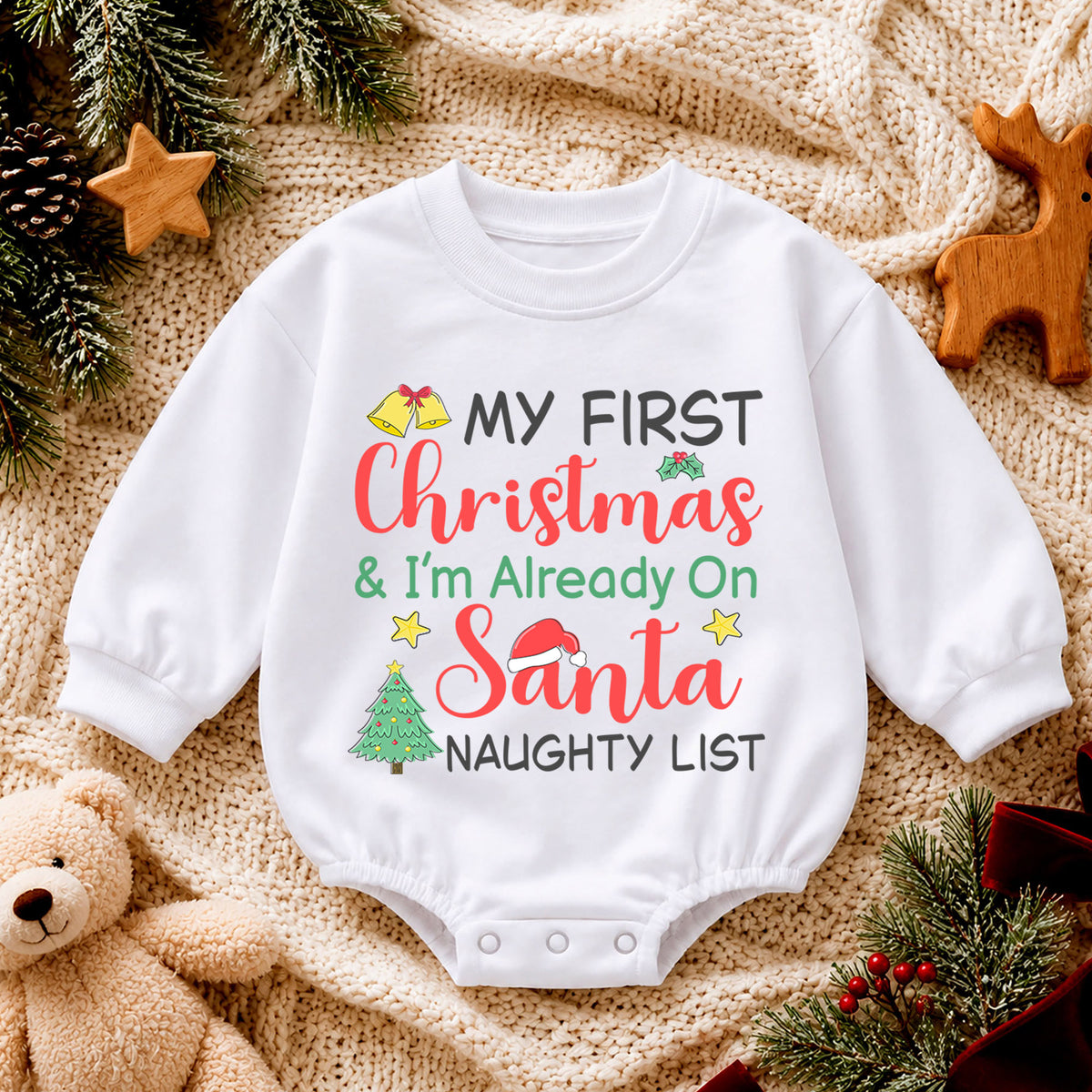 My First Christmas Romper, Santa Naughty List Baby Romper, Funny 1st Christmas Outfit, Toddler Holiday Romper, Baby Xmas Gift — product view 4