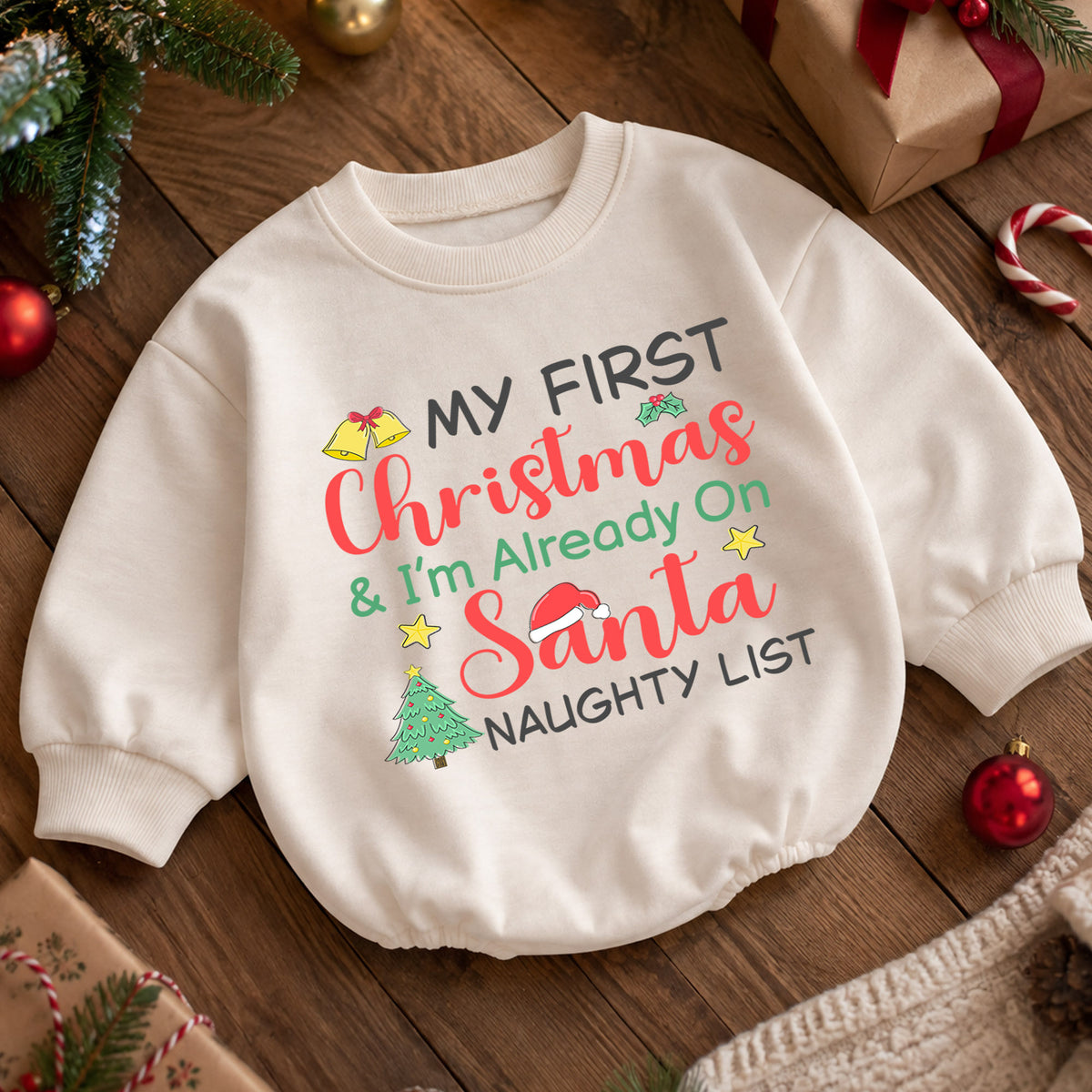 My First Christmas Romper, Santa Naughty List Baby Romper, Funny 1st Christmas Outfit, Toddler Holiday Romper, Baby Xmas Gift — product view 5