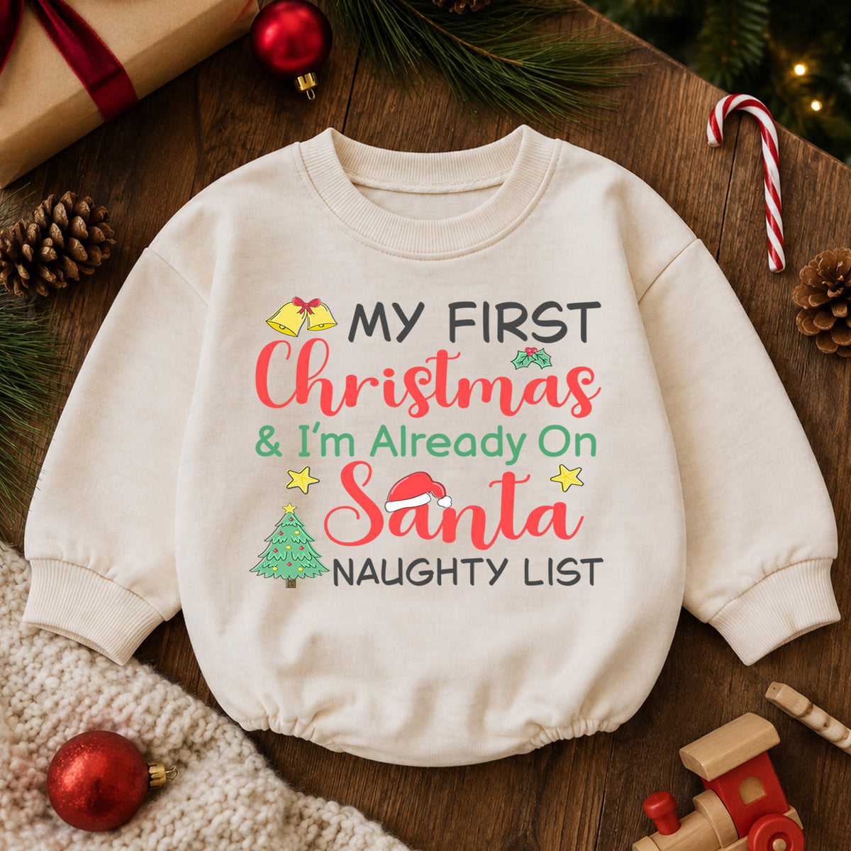 My First Christmas Romper, Santa Naughty List Baby Romper, Funny 1st Christmas Outfit, Toddler Holiday Romper, Baby Xmas Gift — product view 6