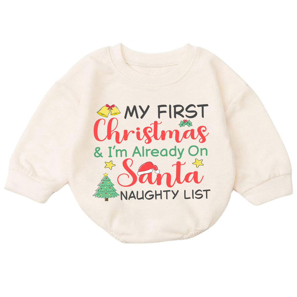 My First Christmas Romper, Santa Naughty List Baby Romper, Funny 1st Christmas Outfit, Toddler Holiday Romper, Baby Xmas Gift — product view 7