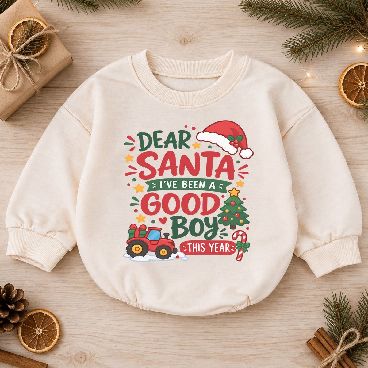 Dear Santa Good Boy Baby Romper, Tractor 1st Christmas Outfit, Farm Christmas Romper, 1st Birthday Holiday Gift for Boys — product view 1