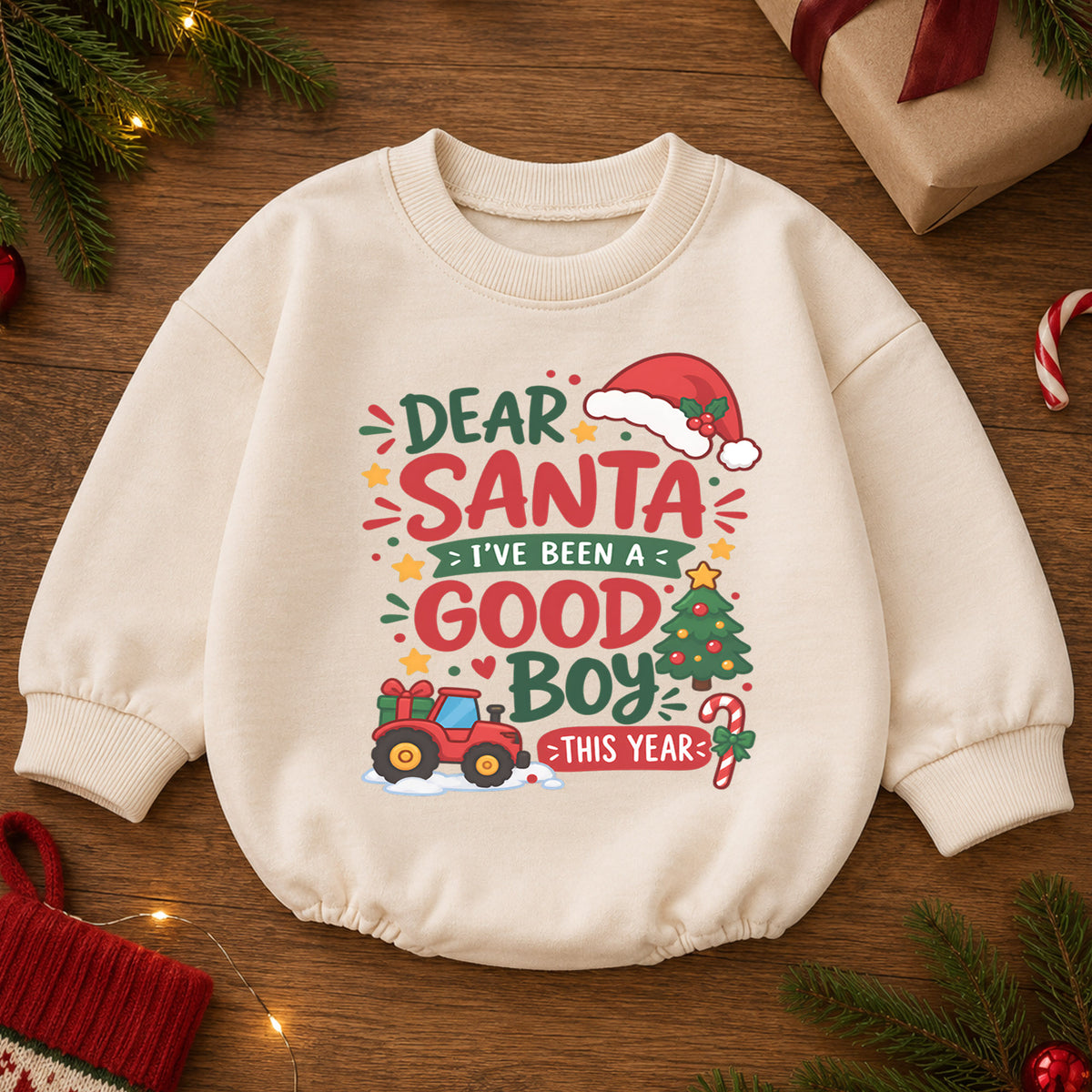 Dear Santa Good Boy Baby Romper, Tractor 1st Christmas Outfit, Farm Christmas Romper, 1st Birthday Holiday Gift for Boys — product view 2