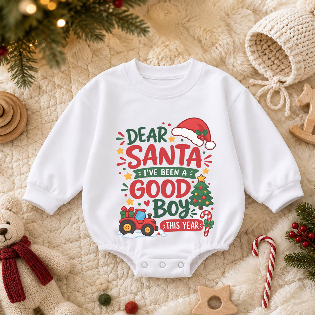 Dear Santa Good Boy Baby Romper, Tractor 1st Christmas Outfit, Farm Christmas Romper, 1st Birthday Holiday Gift for Boys — product view 3