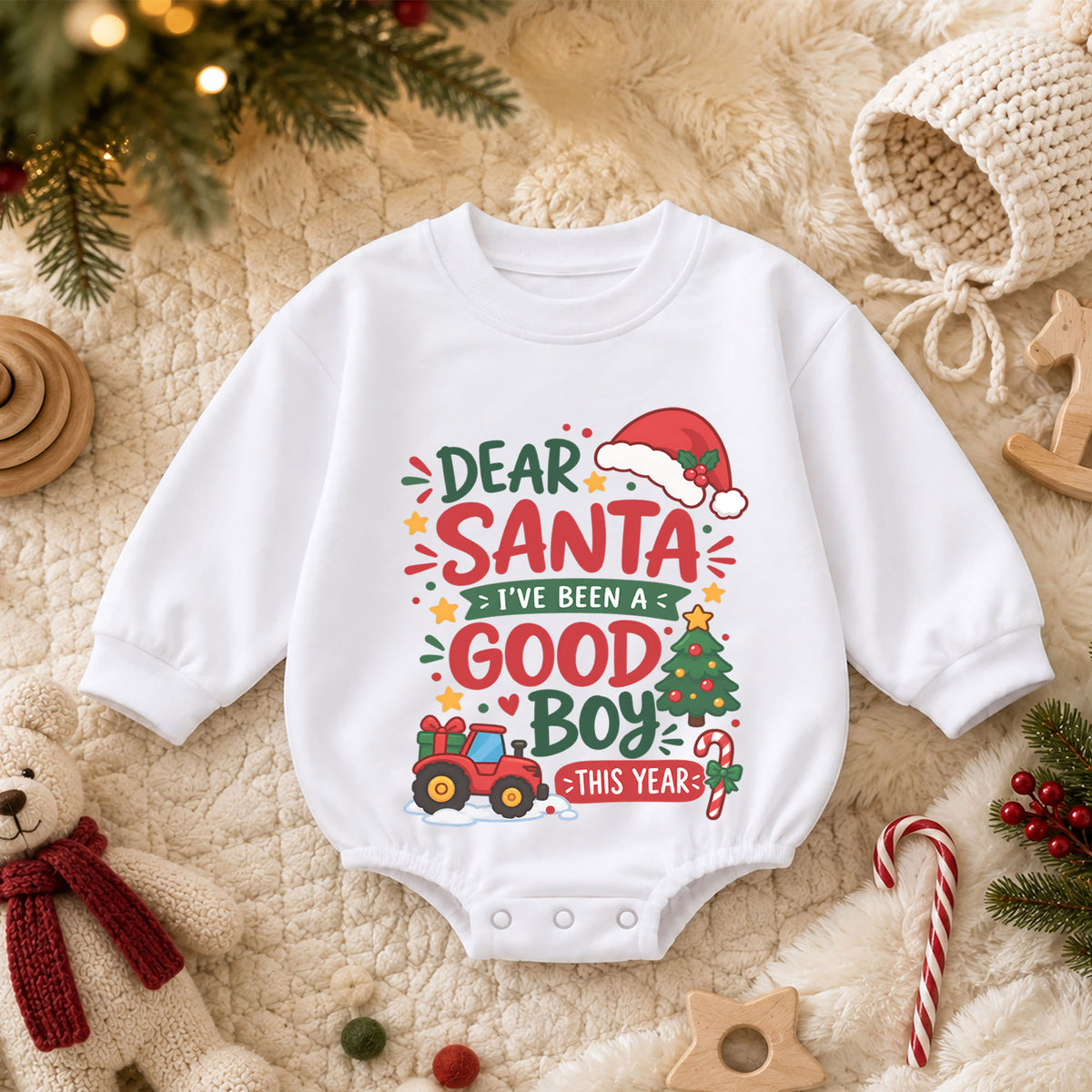 Dear Santa Good Boy Baby Romper, Tractor 1st Christmas Outfit, Farm Christmas Romper, 1st Birthday Holiday Gift for Boys — product view 3