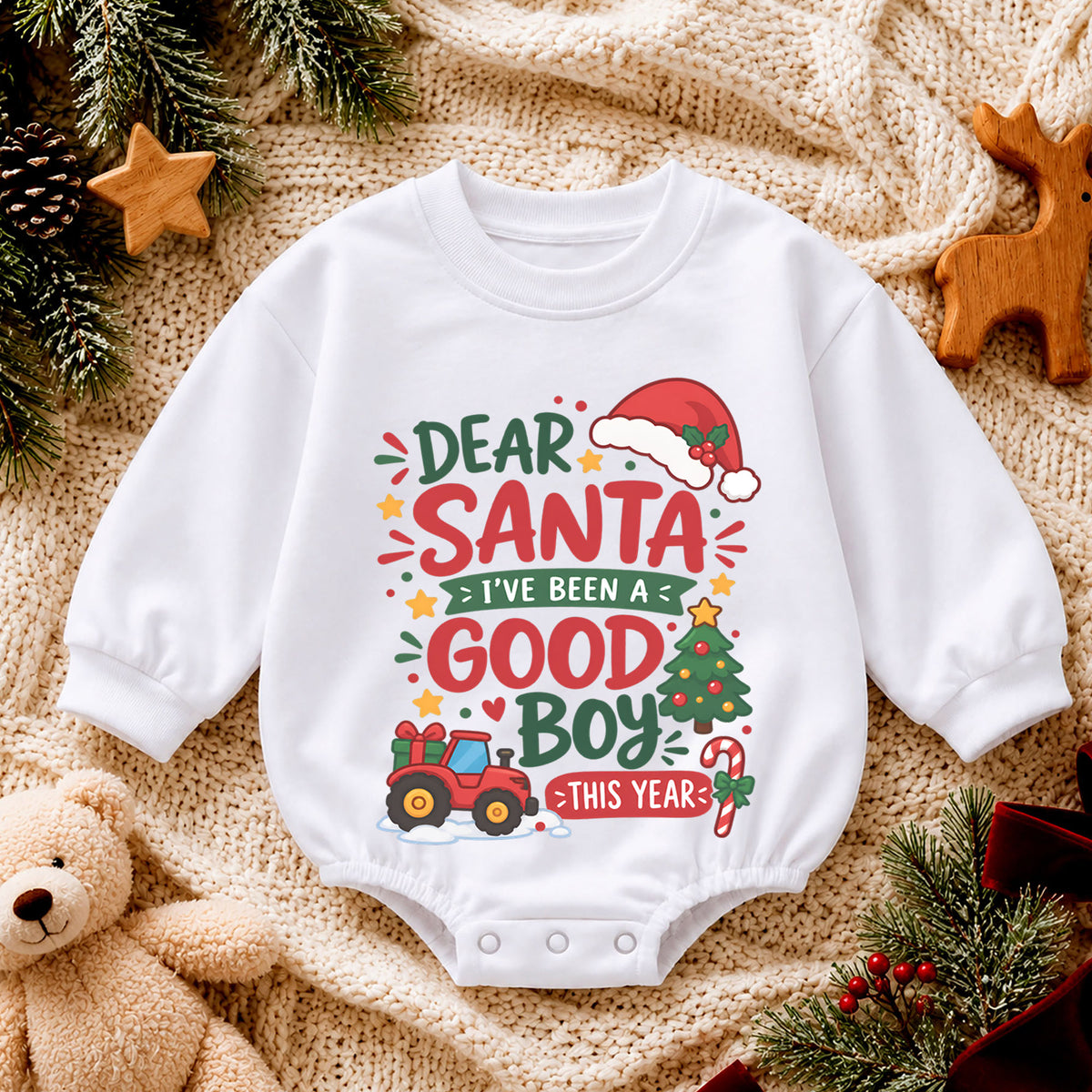 Dear Santa Good Boy Baby Romper, Tractor 1st Christmas Outfit, Farm Christmas Romper, 1st Birthday Holiday Gift for Boys — product view 4