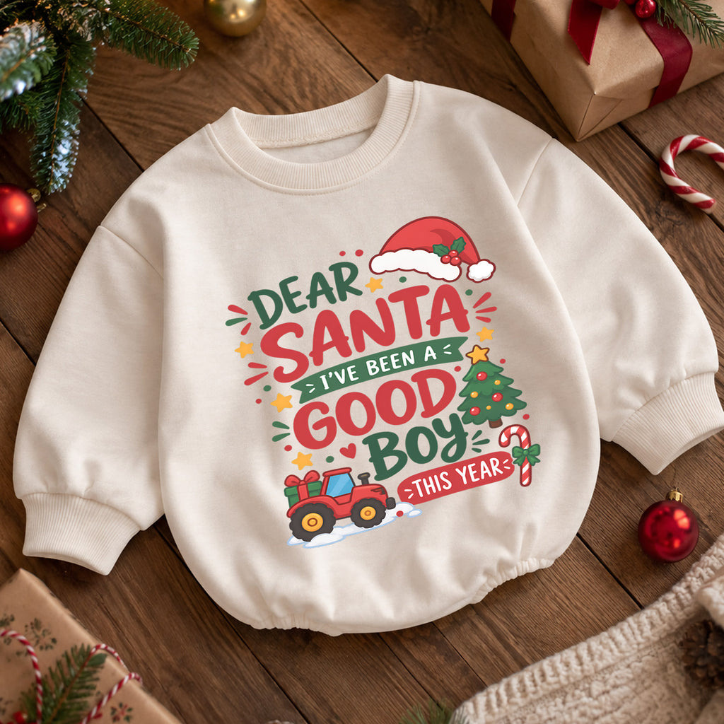 Dear Santa Good Boy Baby Romper, Tractor 1st Christmas Outfit, Farm Christmas Romper, 1st Birthday Holiday Gift for Boys — product view 5