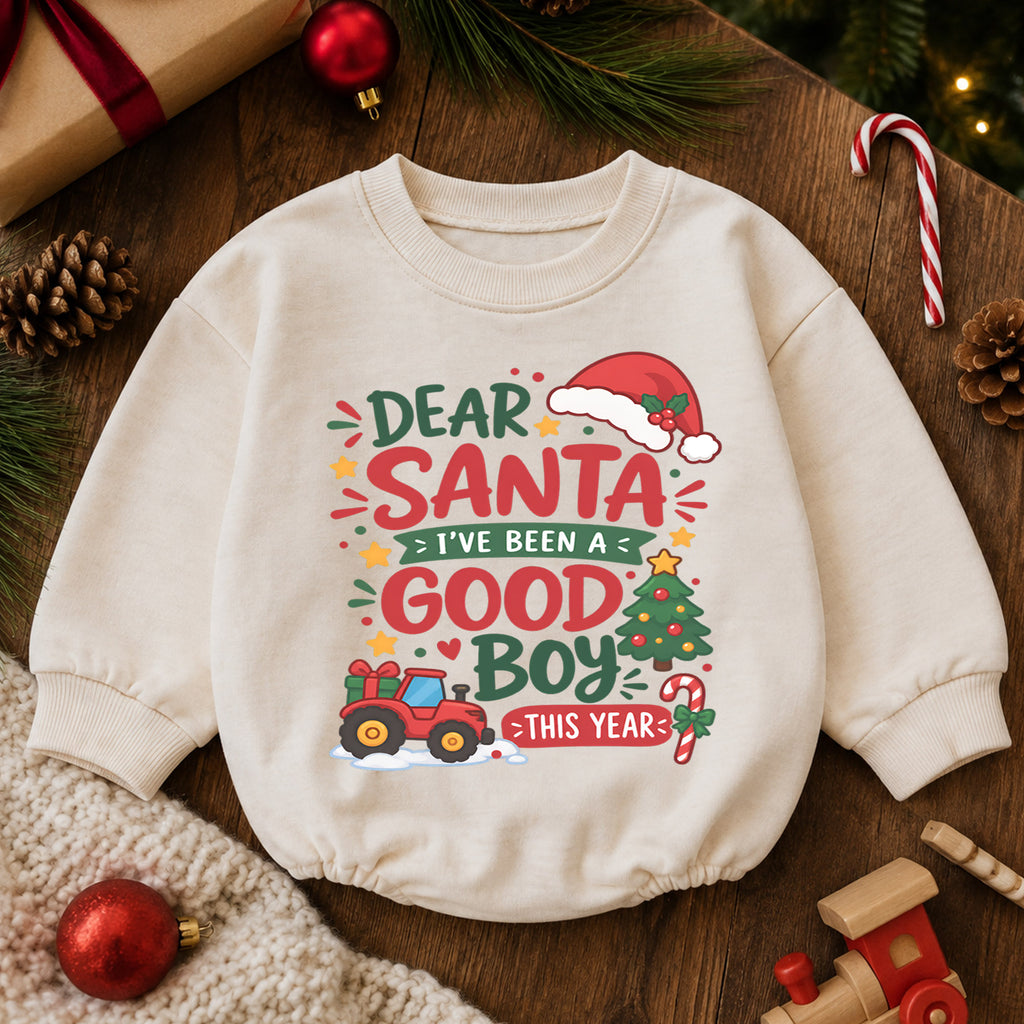 Dear Santa Good Boy Baby Romper, Tractor 1st Christmas Outfit, Farm Christmas Romper, 1st Birthday Holiday Gift for Boys — product view 6