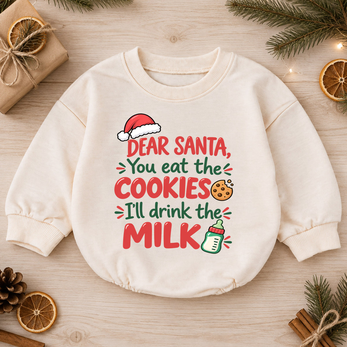Dear Santa Cookies and Milk Romper, Funny Baby Christmas Romper, Toddler Holiday Outfit, Baby Xmas Romper, Cute Christmas Gift — product view 1