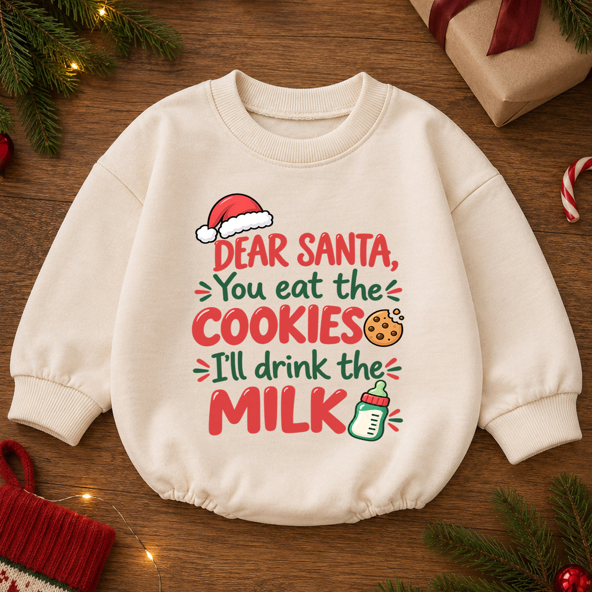 Dear Santa Cookies and Milk Romper, Funny Baby Christmas Romper, Toddler Holiday Outfit, Baby Xmas Romper, Cute Christmas Gift — product view 2