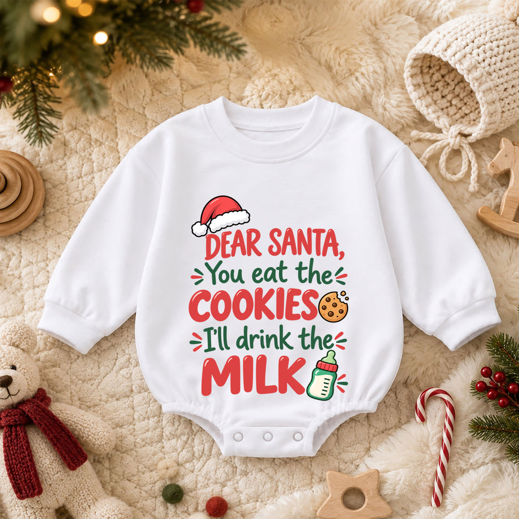 Dear Santa Cookies and Milk Romper, Funny Baby Christmas Romper, Toddler Holiday Outfit, Baby Xmas Romper, Cute Christmas Gift — product view 3